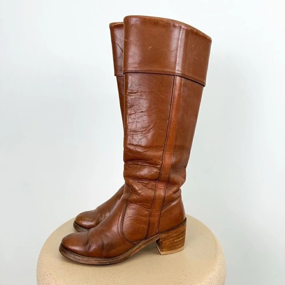 Frye Women’s Vintage 1970s Fold Cuff Knee Block Heel Cognac Leather Boot - Picture 13 of 14